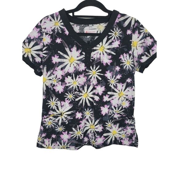 White Cross Scrub Top Medium Womens Black Floral Medical Uniform Pockets V Neck - Picture 1 of 6